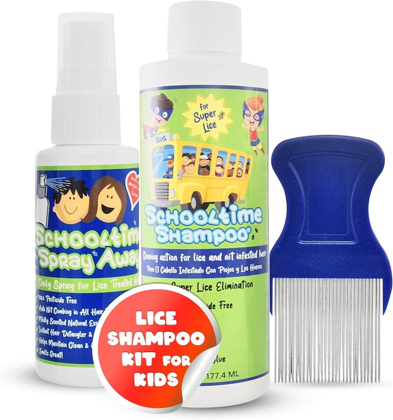 Schooltime Complete Lice Removal Kit for Kids with 6 oz Shampoo, 2 oz Spray & Stainless Steel Comb. Non Toxic, Non Oily. Enzyme and Pesticide Free. - Image 1